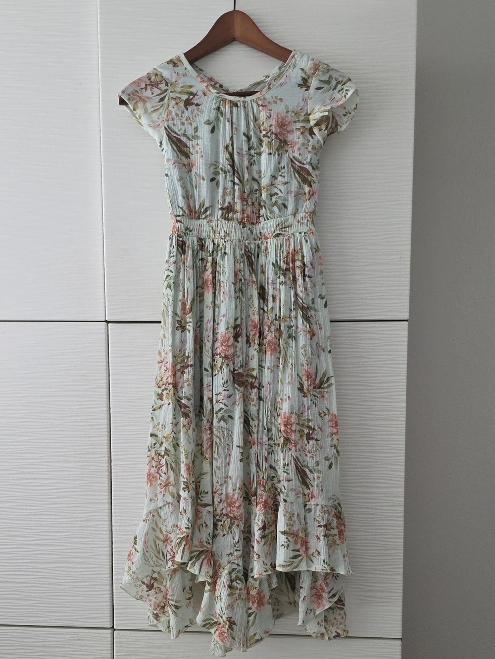 Mia Joy Girls' Floral Tiered Dress in Light Mint and Pink Size 7